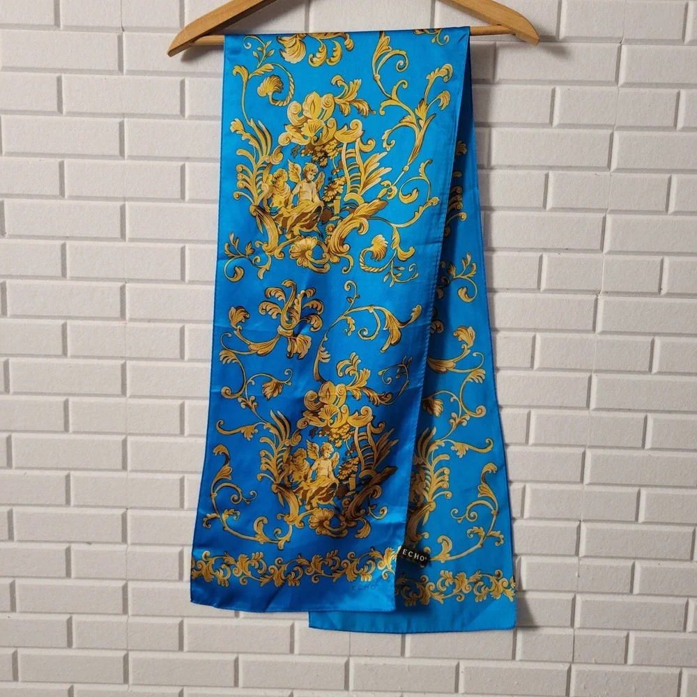 Vtg 90s Echo Silk Scarf Blue Gold Baroque Cherub Print Oblong 11X58 Maximalist